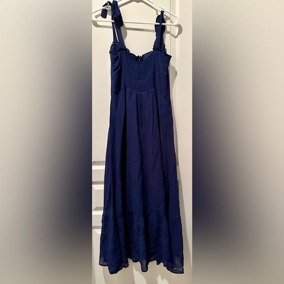 Reformation Sleeveless Navy Blue Flirty Nikita Shoulder Tie Crepe Midi Dress - Picture 6 of 11